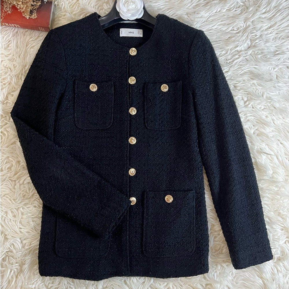 Mango Black Tweed Blazer and Skirt Set with Gold Buttons - Picture 2 of 8